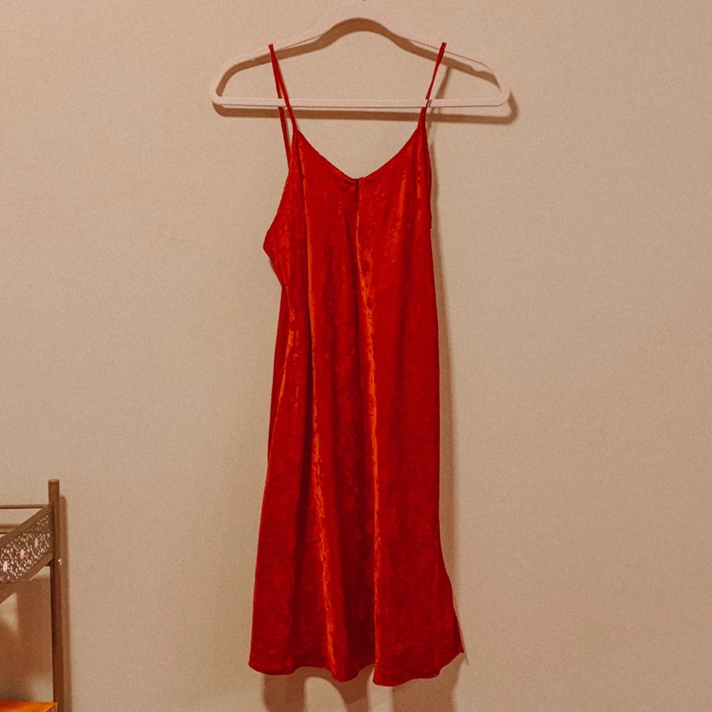 Red silk mini slip dress